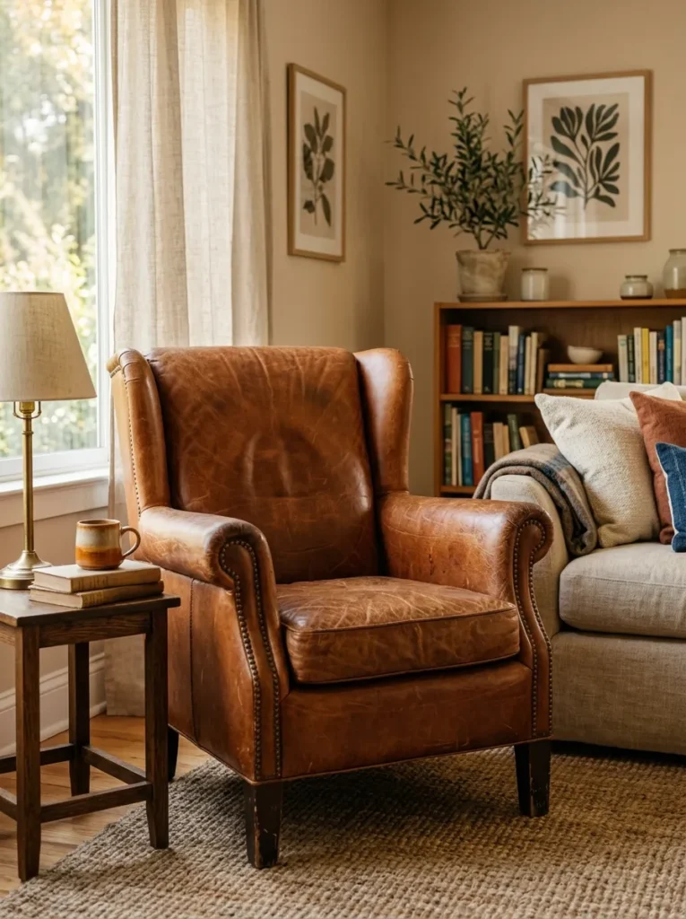 Full-grain cognac leather accent chair beside a linen sofa in a warm living room, showing the leather's natural surface grain and tonal warmth as a material that develops patina and character with use