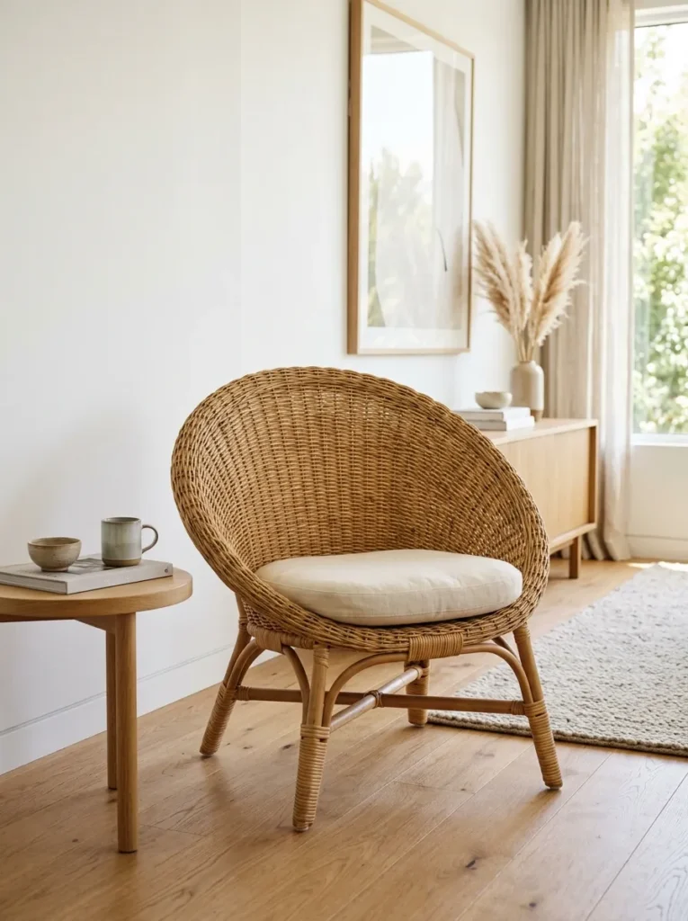 Natural rattan accent chair with a round woven back and cream linen cushion positioned in a modern living room with white walls and light oak floors, showing the organic texture contrast with the room's smooth contemporary surfaces