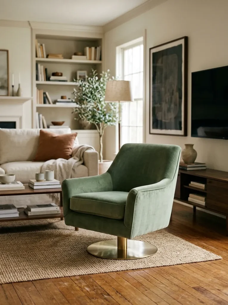 Sage green velvet swivel accent chair on a minimal brass pedestal base positioned between the conversational seating area and television in a living room, showing how the swivel orientation serves multiple room zones