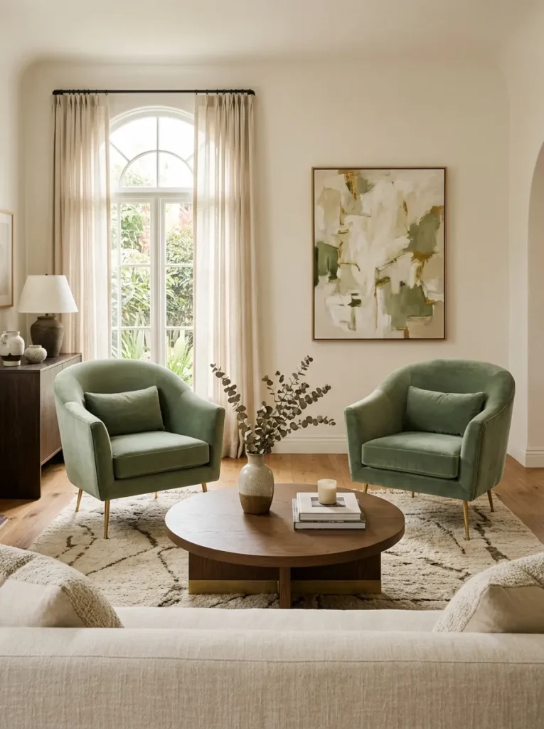 Two matching sage green velvet accent chairs with gold legs positioned symmetrically opposite a cream linen sofa, with a round coffee table between them creating a complete, symmetrically defined conversational seating zone