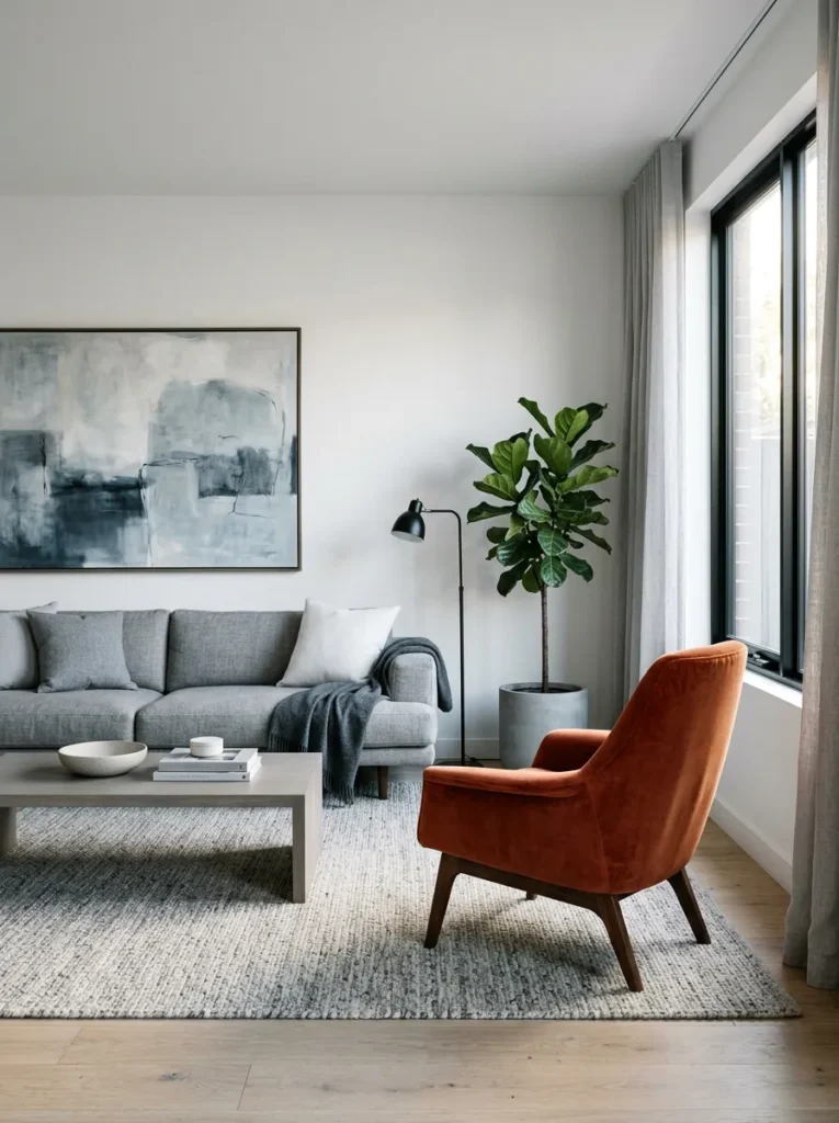 Terracotta orange velvet accent chair as the single warm-toned element in a living room with a predominantly cool grey and white palette, showing the bold unexpected color decision that changes the room's temperature