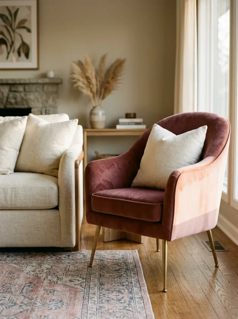 Dusty rose velvet accent chair with gold legs in a living room, showing the rich color contrast with the cream linen sofa visible to the left, with afternoon light changing the velvet's apparent tone between highlight and shadow