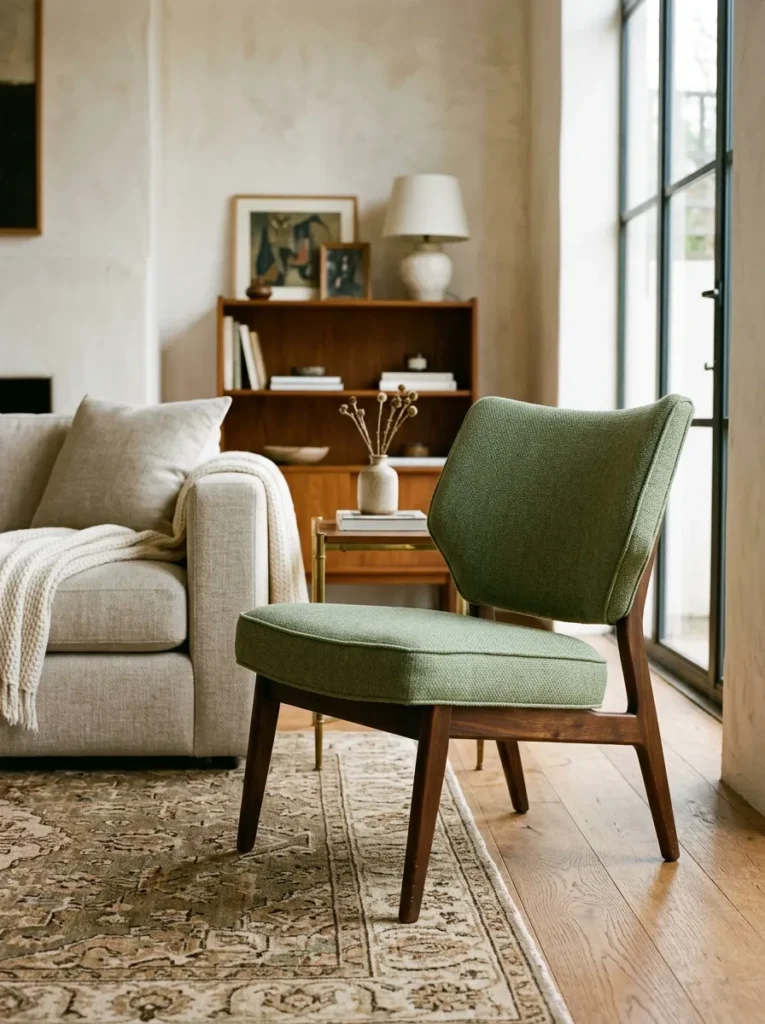 Vintage mid-century modern accent chair with dark walnut splayed legs reupholstered in warm sage green fabric, positioned beside a contemporary sofa, showing the collected character of a historically contrasting piece in a modern living room