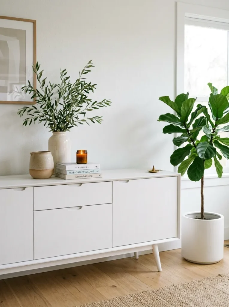 Long white buffet cabinet with the left half styled with vase, ceramics, and books and the right half nearly empty, balanced by a floor plant beside the cabinet

