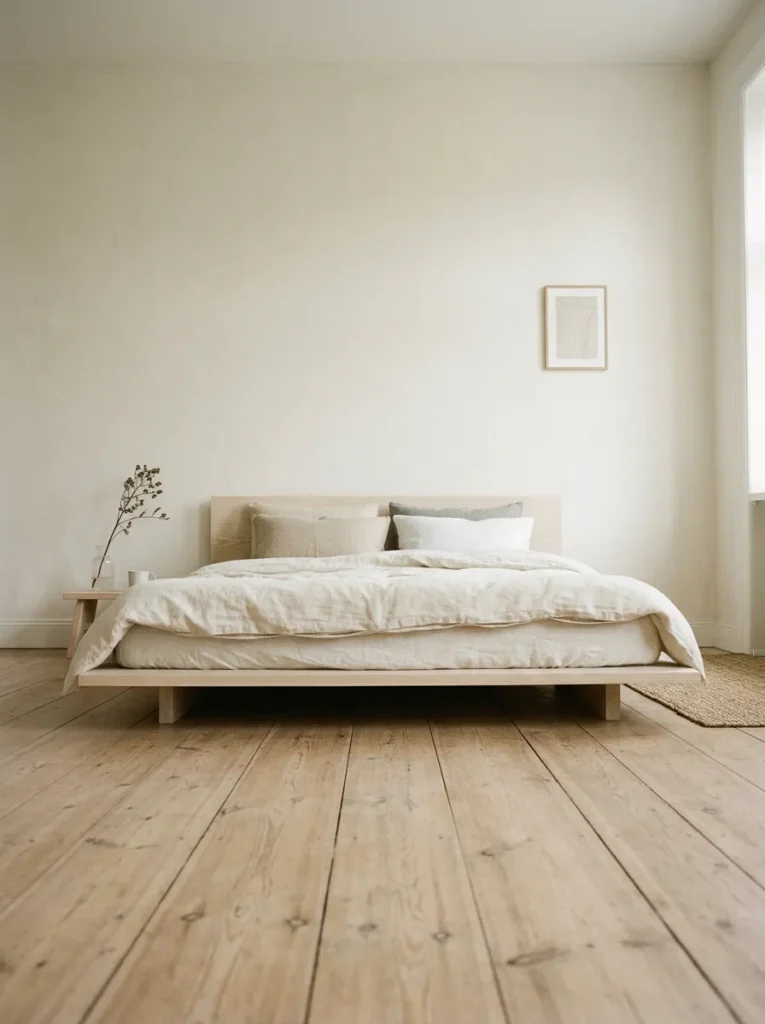 Low pale ash platform bed from a foot-of-bed angle emphasising the wide expanse of warm white wall above in diffused morning light