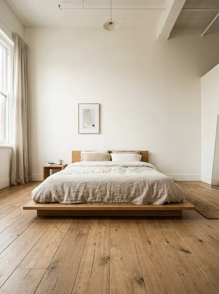 Low oak platform bed with mattress close to the floor in a contemporary bedroom, showing the open wall space and ceiling height above
