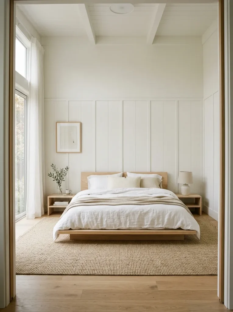 White bedroom with a very low ash platform bed, generous negative space above, layered linen bedding, and a large sisal rug emphasizing horizontal calm
