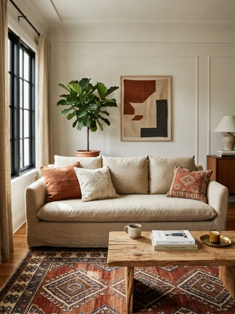 Low-profile oatmeal canvas sofa with loose cushion back and terracotta throw pillows on a kilim rug