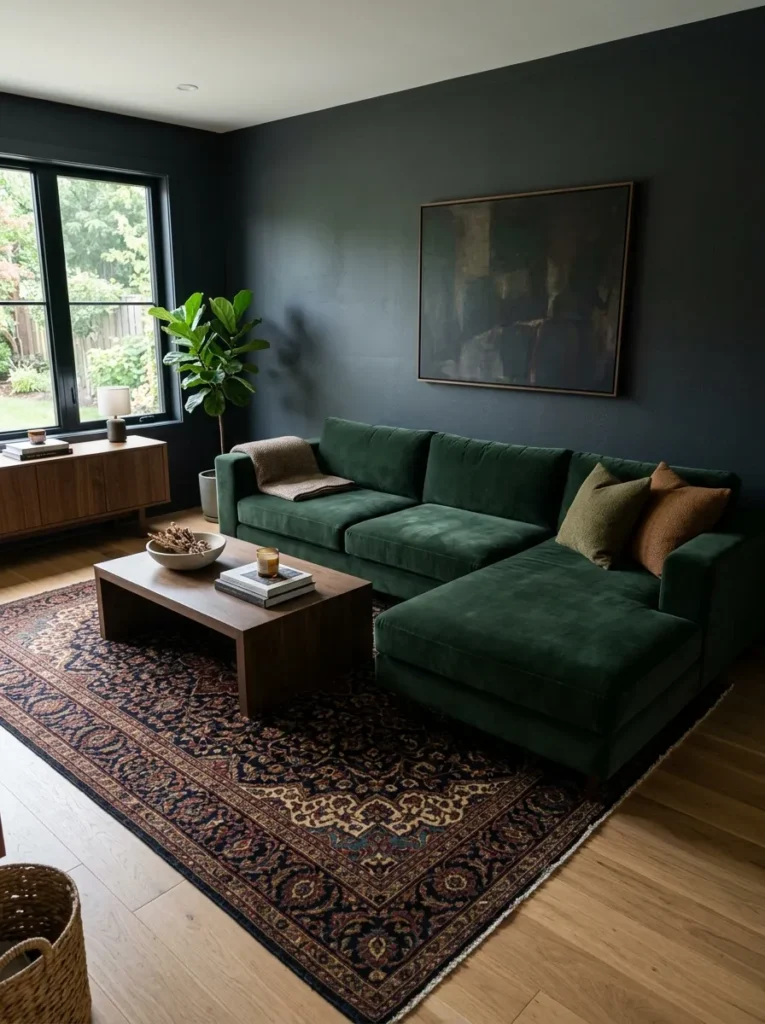 Low-profile L-shaped modular sofa in dark green velvet with tight cushions against inky walls and a dark patterned rug
