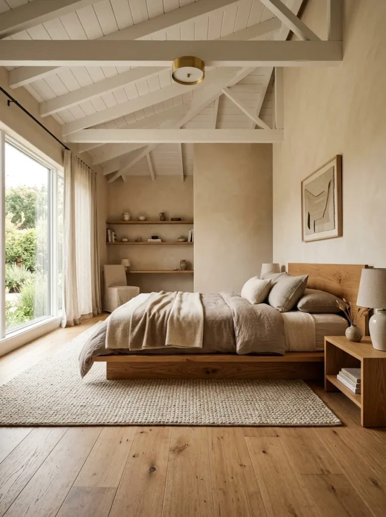 Low-profile oak platform bed with mattress sitting close to the floor, creating a grounded, horizontal quality in a cozy master bedroom
