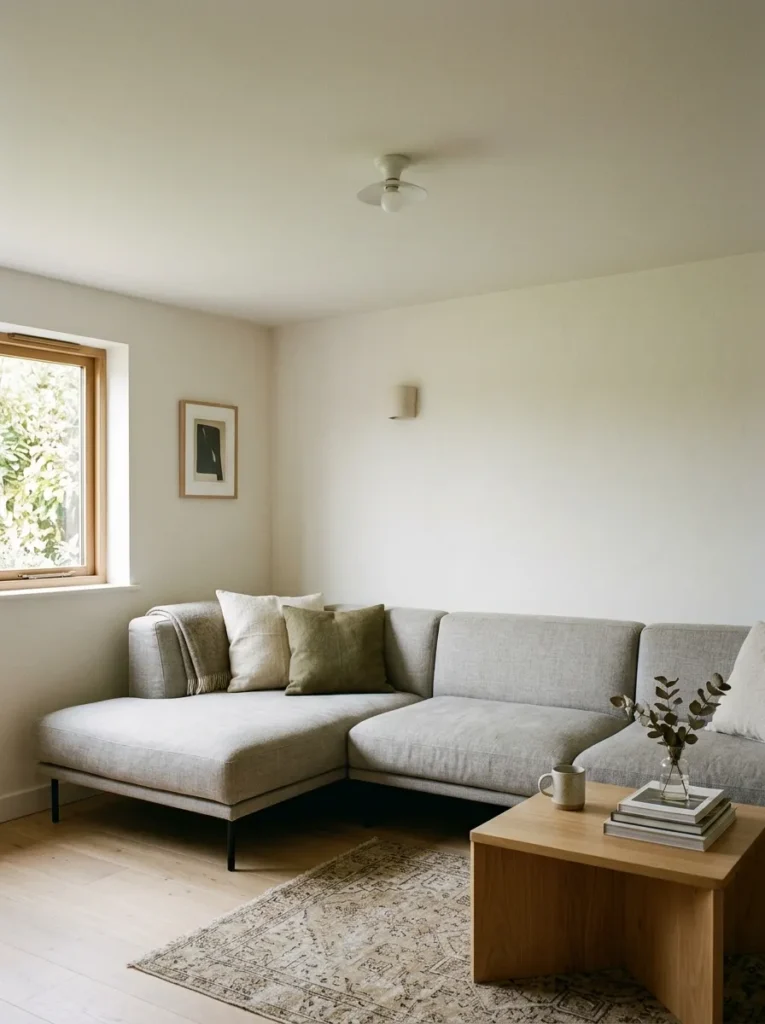 Low-profile sectional with shallow seat depth and slim legs in a compact living room with low ceiling, showing maximum visual clearance between sofa and ceiling