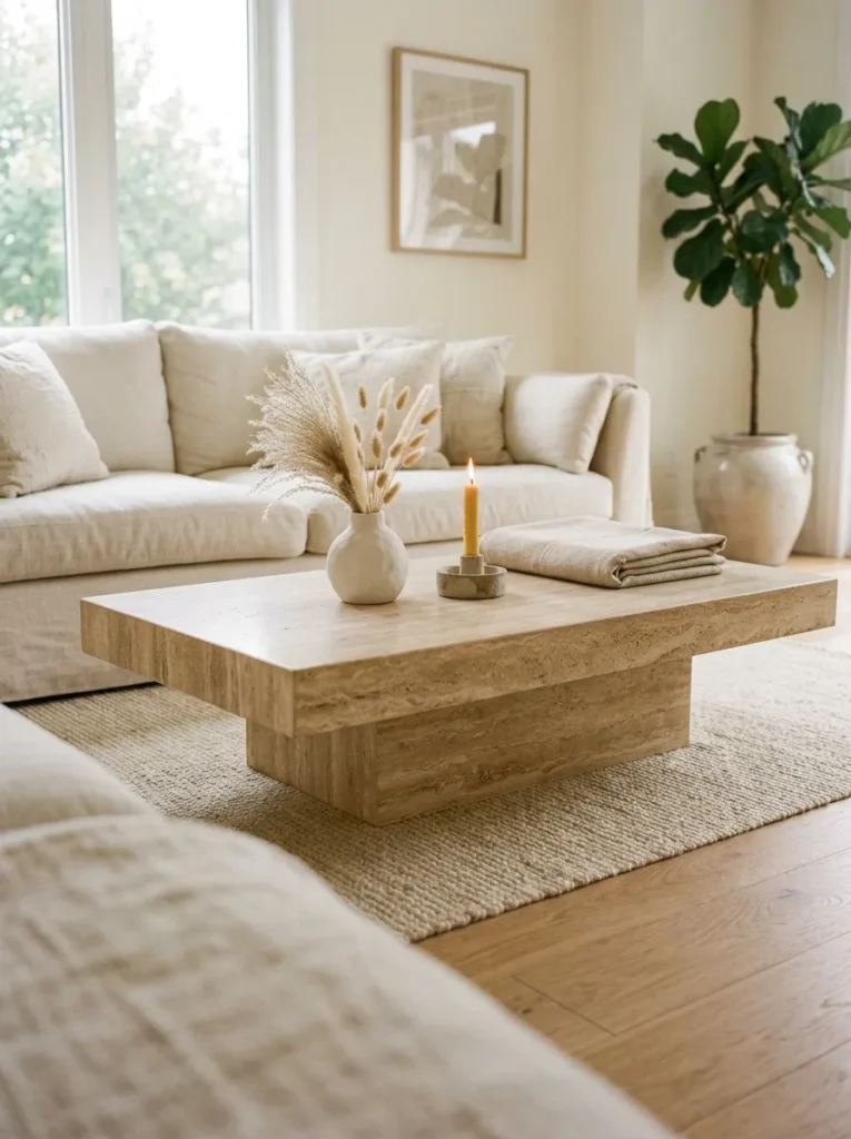 Low wide travertine coffee table with natural stone veining in a white living room, styled with a plaster vase and concrete candle holder
