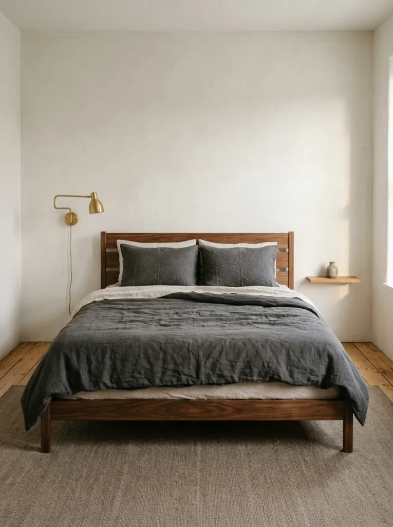 Low walnut platform bed with charcoal linen bedding, brass wall sconce, and flat-weave wool rug in a minimal bedroom