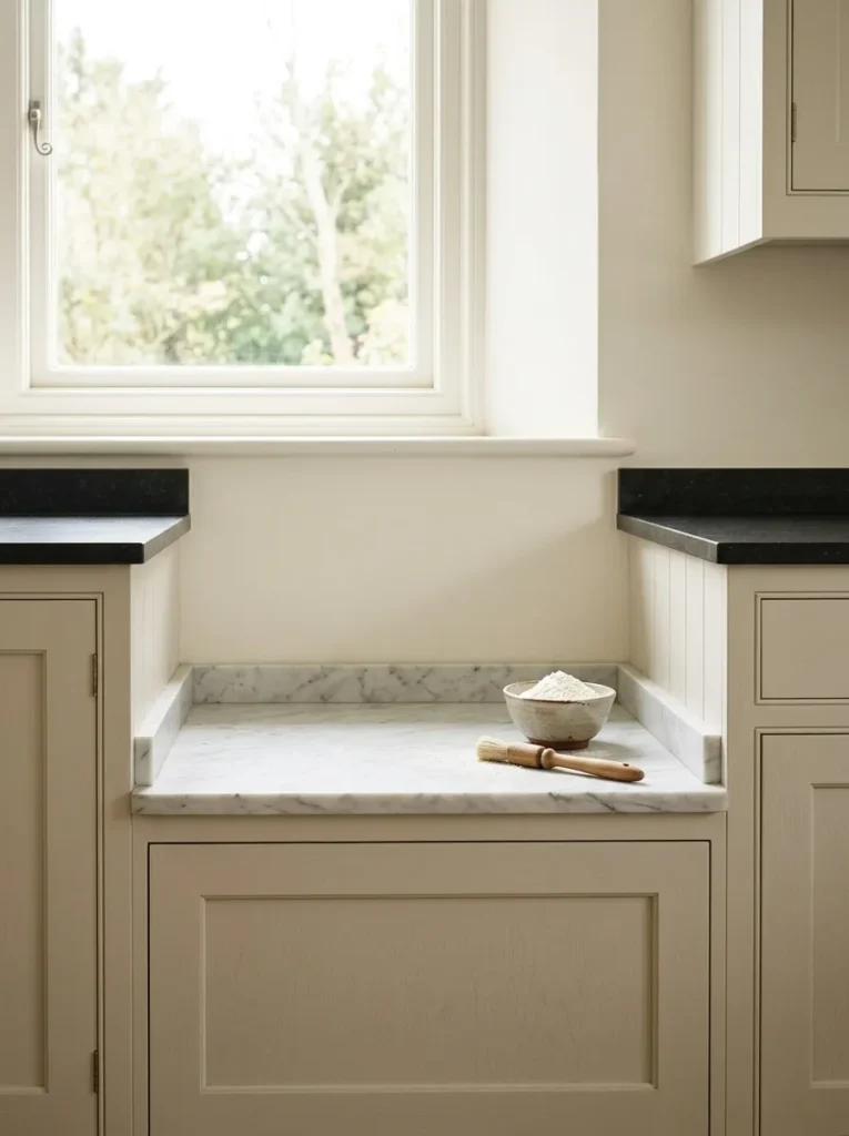 Purpose-built lower kitchen counter with marble surface at reduced height, ceramic bowl of flour and pastry brush at the edge