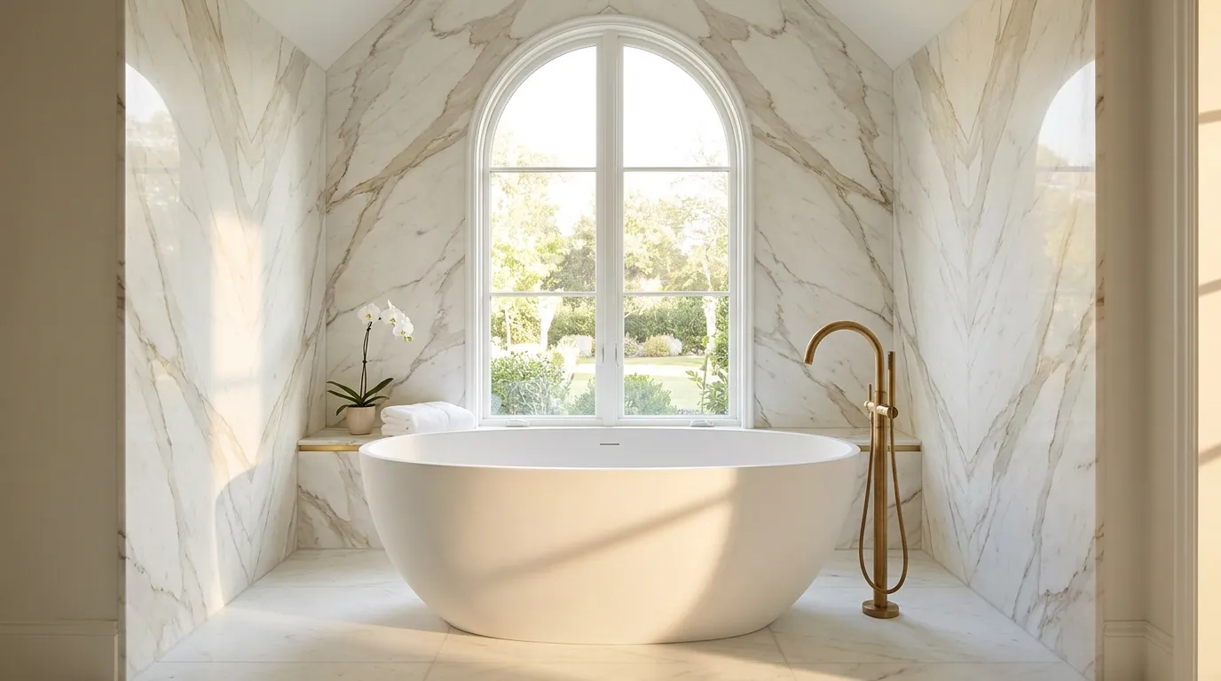 Luxury hotel-inspired bathroom with a freestanding soaking tub, marble walls, and warm brass fixtures