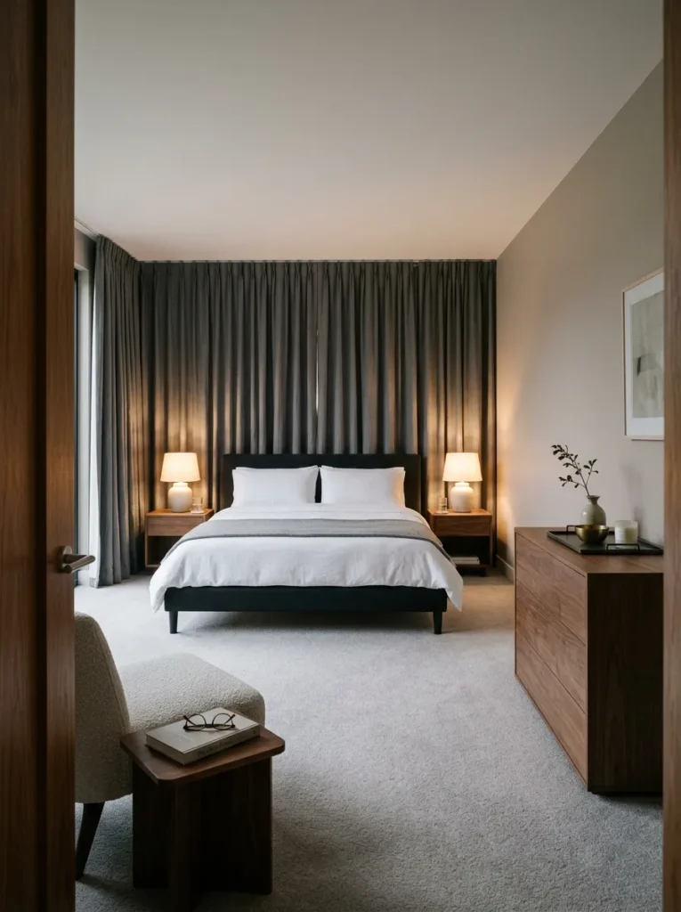 Complete luxury bedroom from the doorway showing all surfaces edited to only essential objects, curtains drawn and room lit by evening lamp light