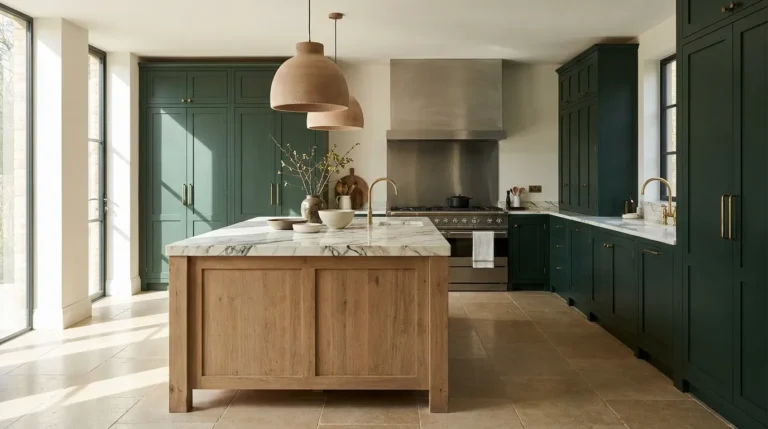 Large luxury kitchen with deep forest green full-height cabinetry, aged oak island with Calacatta marble top, raw ceramic pendants, and limestone floor