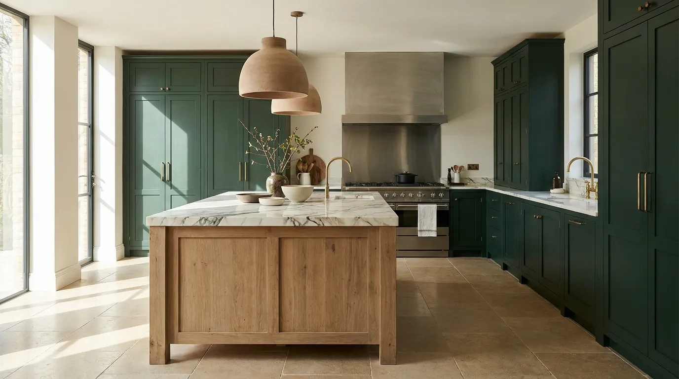 Large luxury kitchen with deep forest green full-height cabinetry, aged oak island with Calacatta marble top, raw ceramic pendants, and limestone floor