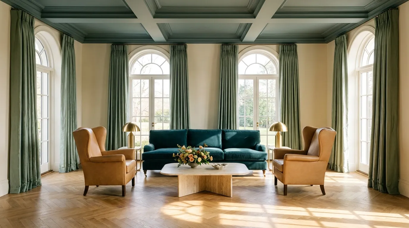 Sophisticated luxury living room with a deep velvet sofa, coffered ceiling, and brass accents