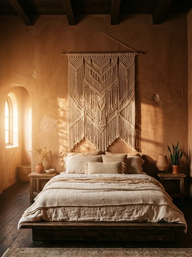  Large-scale macramé wall hanging above the bed in a warm earthy bohemian bedroom