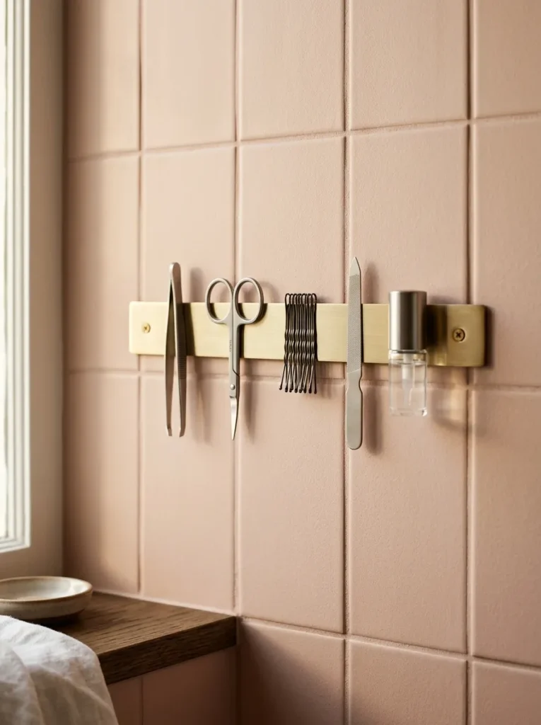 Brushed brass magnetic strip holding tweezers, nail scissors, and bobby pins on a bathroom wall