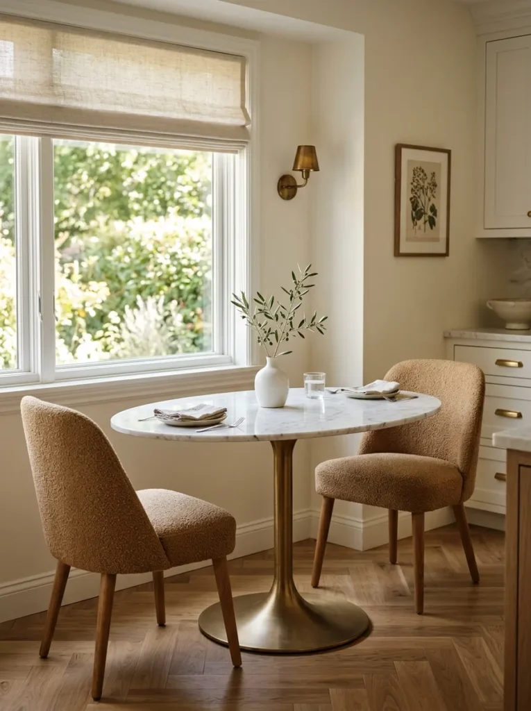 Oval marble-top table with upholstered bouclé chairs and a brass sconce in a refined kitchen breakfast nook