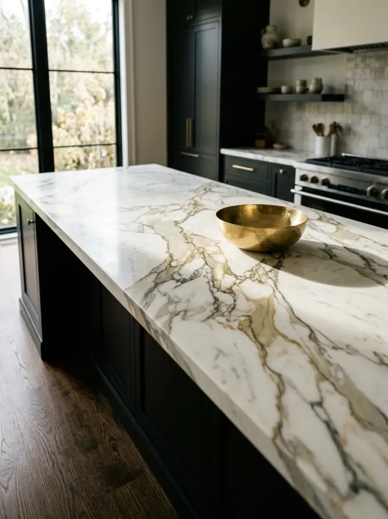 Large kitchen island with a dramatic Calacatta marble slab top as the room's statement surface