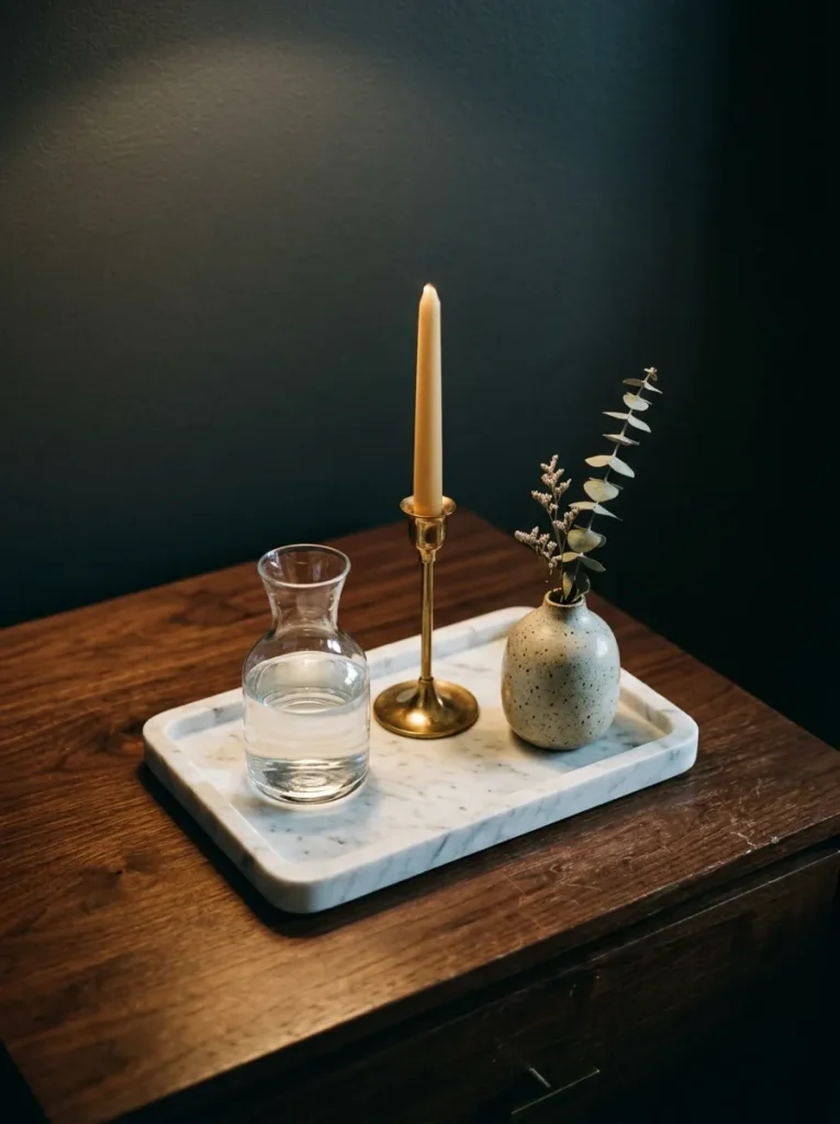 Rectangular honed marble tray on a walnut bedside table holding a glass carafe, brass taper candle holder, and small ceramic bud vase