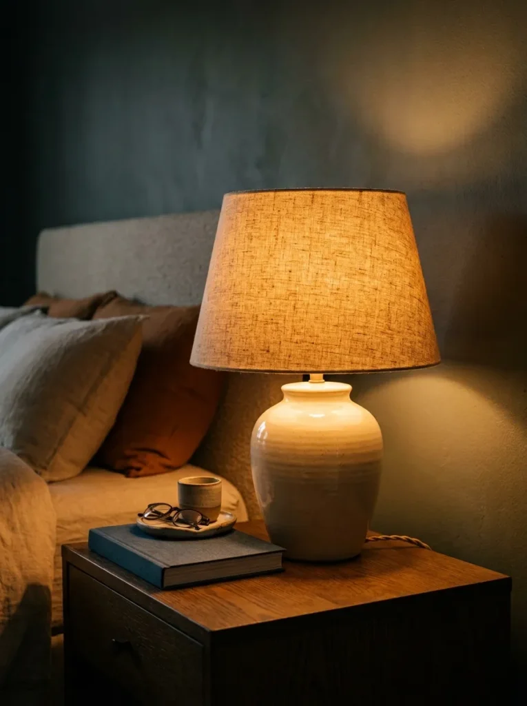 Bedroom ceramic table lamp with a linen shade switched on at 2700K, casting a clearly warm amber glow on the nightstand and surrounding wall

