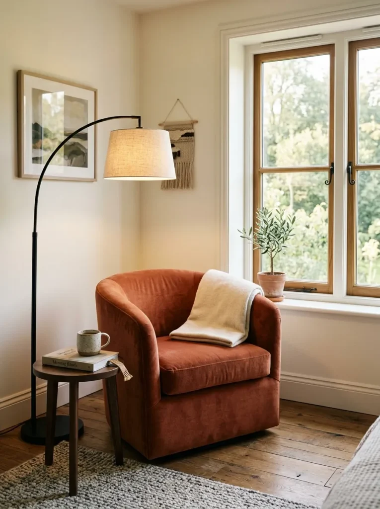 Terracotta barrel chair in a master bedroom window corner with a side table, ceramic mug, and arc floor lamp in warm morning light

