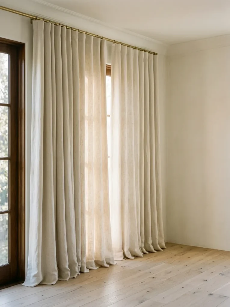 Floor-to-ceiling lined linen curtains mounted near the ceiling with a slight pool at the floor, afternoon light filtering through in a master bedroom
