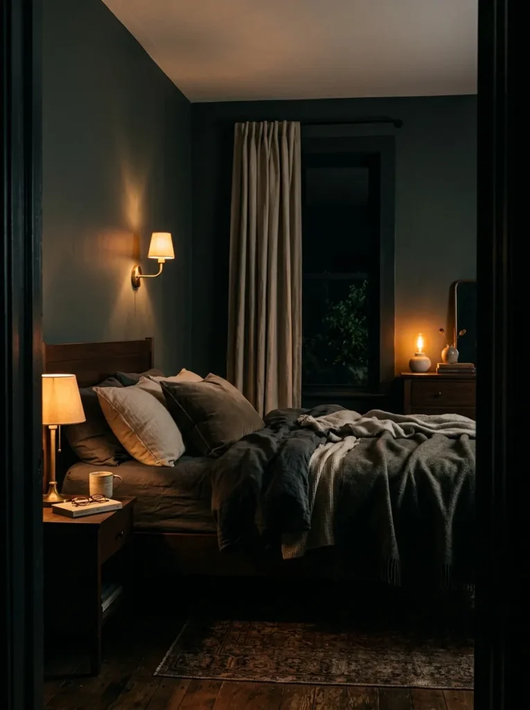 Master bedroom at very low dimmer setting with all lights at near-minimum output, creating an intimate warm amber atmosphere
