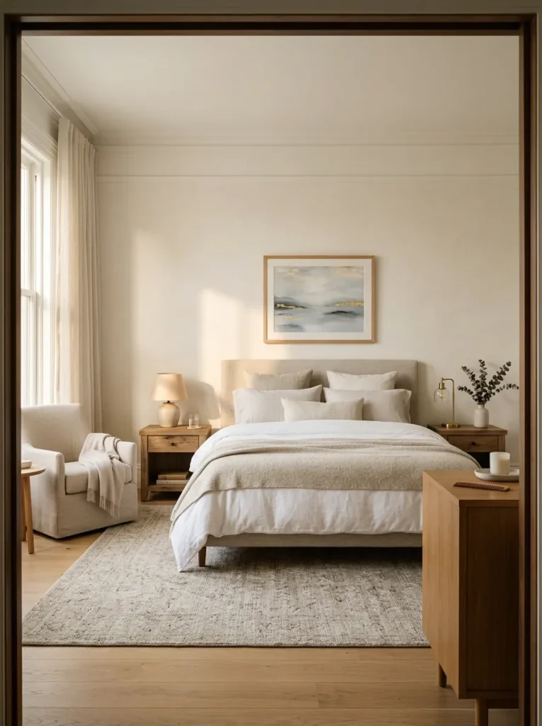 Master bedroom viewed from the doorway showing a deliberately edited space with only bedroom-appropriate furniture and no visual clutter or non-bedroom items
