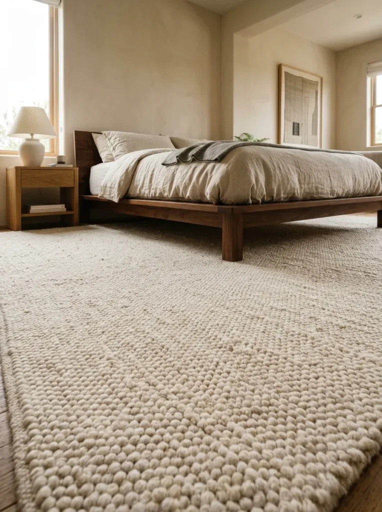 Low-angle view showing a large ivory wool bedroom rug extending well beyond the bed on both sides, with warm timber flooring visible at the room edges
