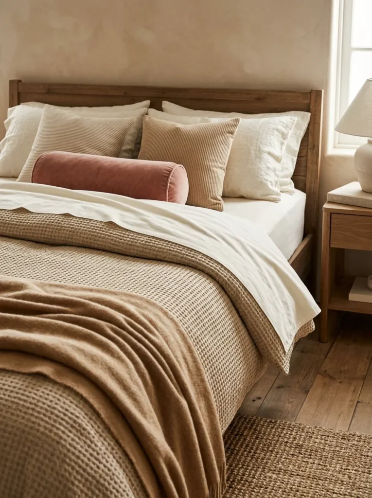 Master bedroom bed with four distinct textile layers: percale flat sheet, waffle-weave duvet, cashmere throw, and velvet and ribbed cotton cushions
