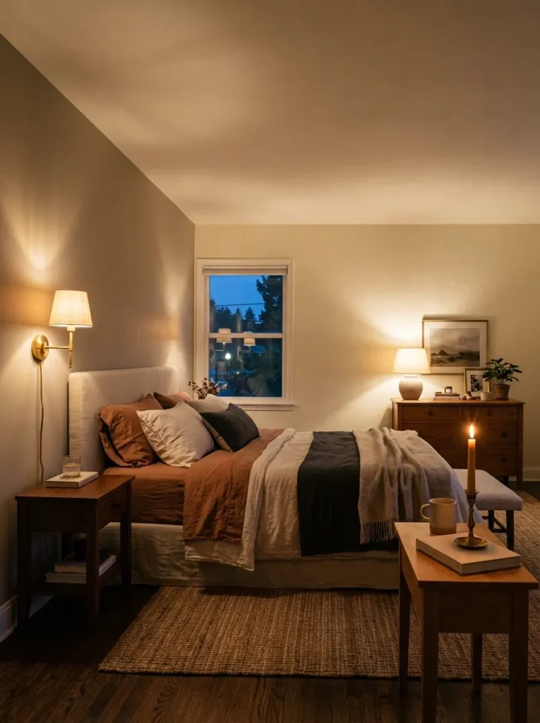 Master bedroom at dusk with three warm light sources at different heights — a brass wall sconce, a ceramic dresser lamp, and a bedside candle — creating layered pools of light
