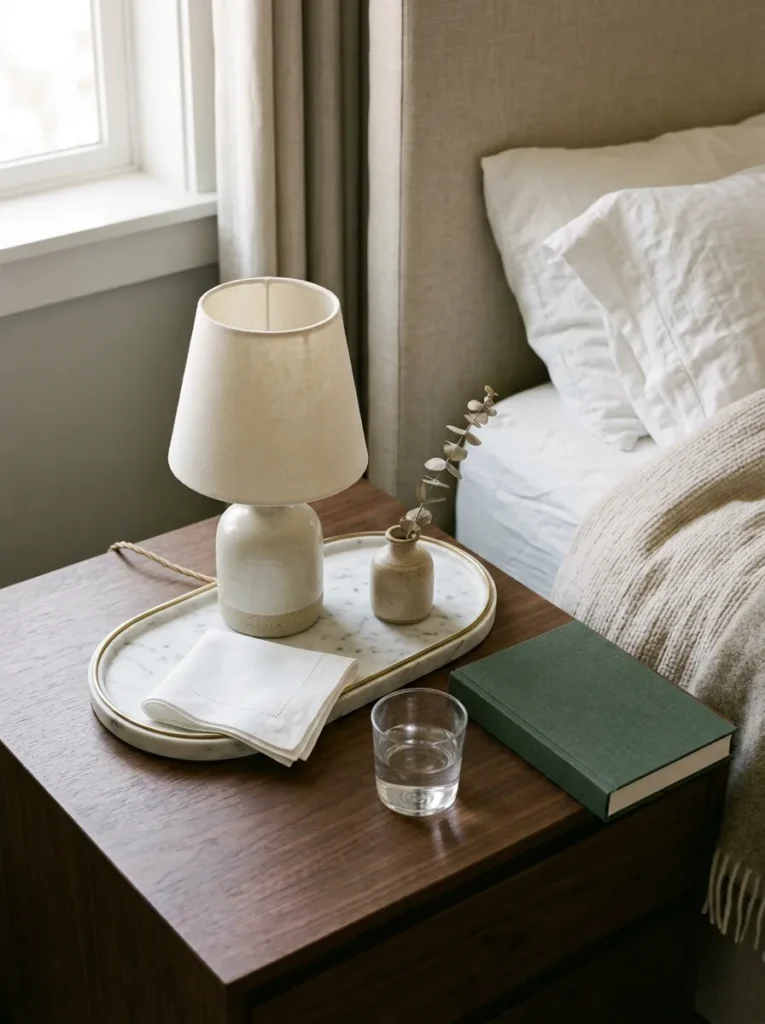 Master bedroom nightstand with a small marble tray containing a ceramic lamp, dried stem vase, and folded linen, with a closed book and glass of water outside the tray
