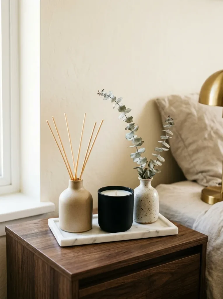 Master bedroom nightstand vignette with a ceramic reed diffuser, soy candle, and dried eucalyptus stem on a small marble tray
