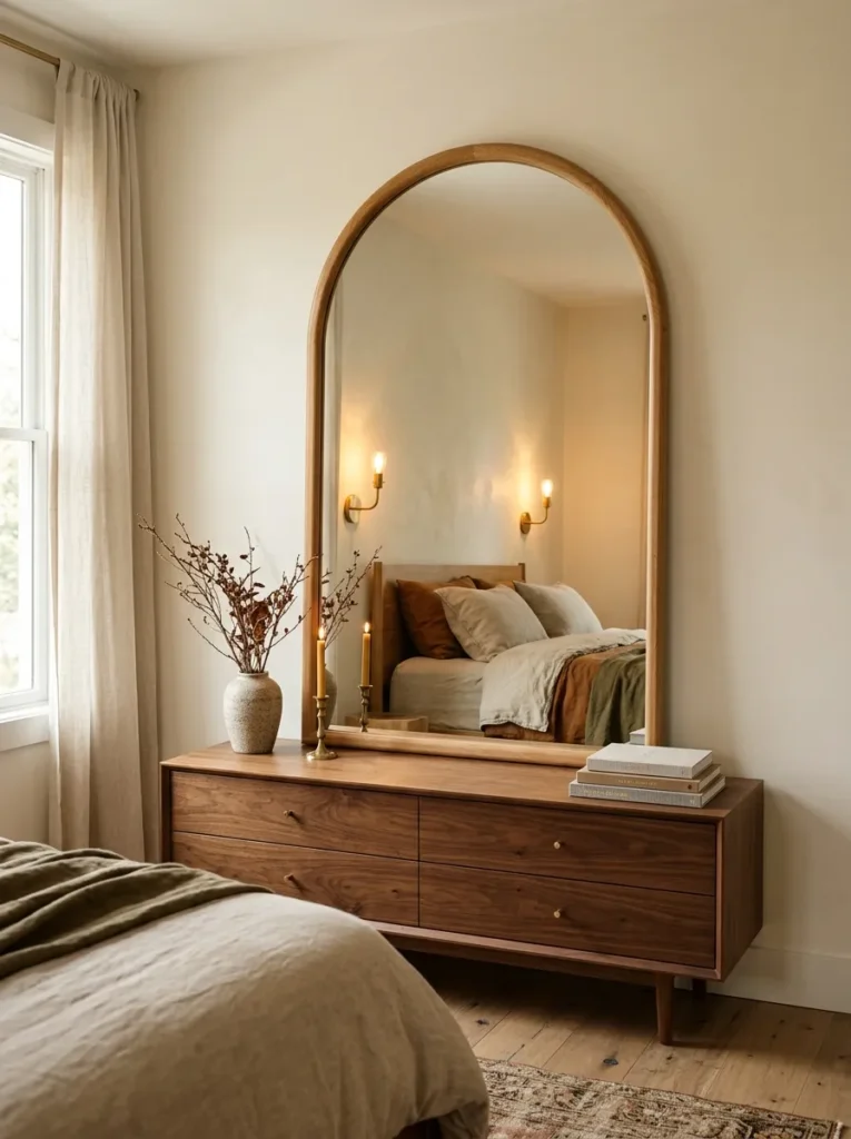 Large arched oak mirror on a walnut dresser reflecting the bed wall and lit brass sconces, doubling the warm light in the master bedroom

