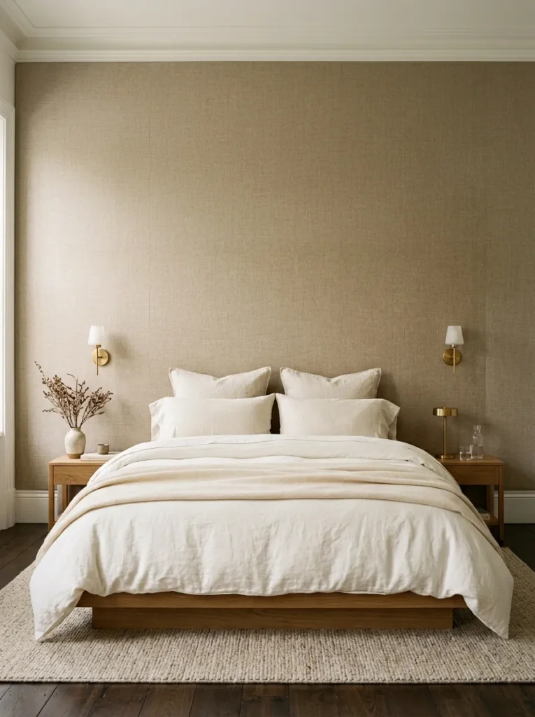 Tall oversized linen headboard spanning beyond the mattress width and rising to near ceiling height, showing correct headboard-to-wall proportions

