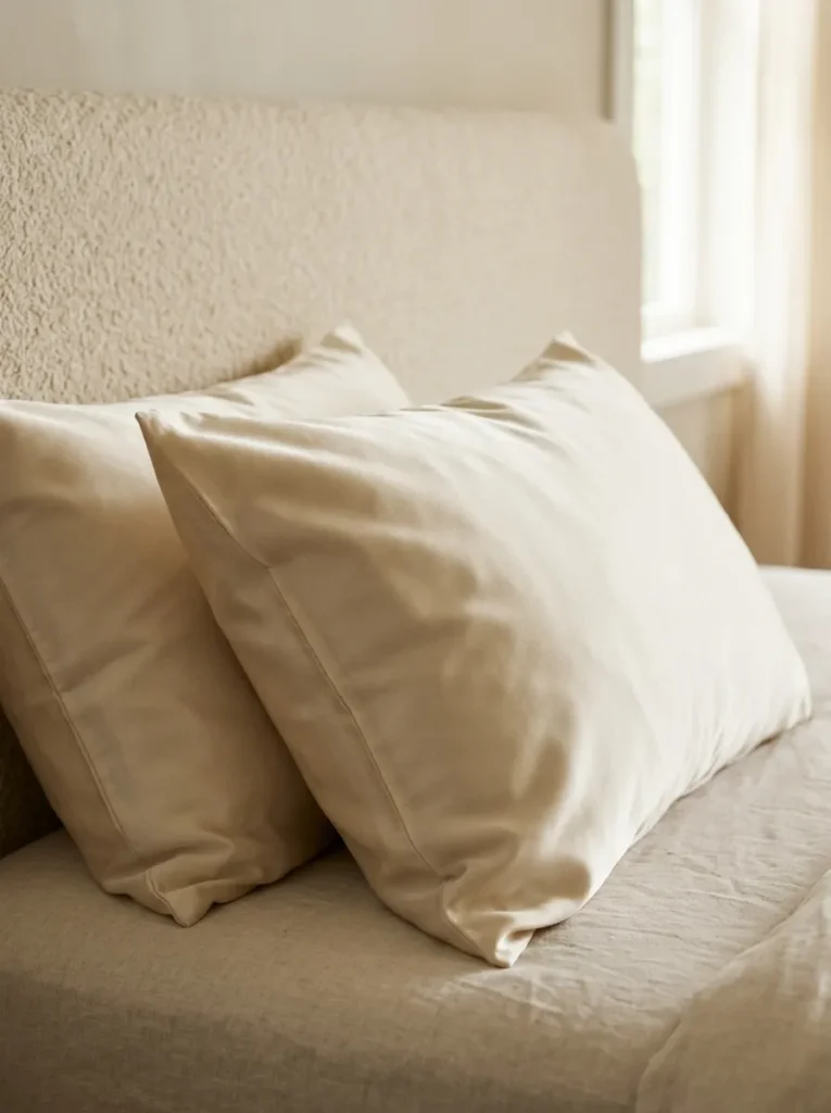 Two sleeping pillows in smooth ivory sateen pillowcases showing the subtle sheen and clean drape of quality bedding material in morning sidelight
