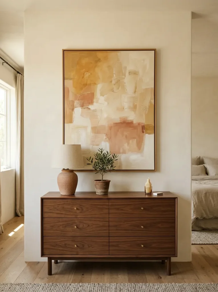 One large abstract painting in ochre, ivory, and terracotta in an oak frame centered above a walnut dresser in a master bedroom, the single piece reading as architectural
