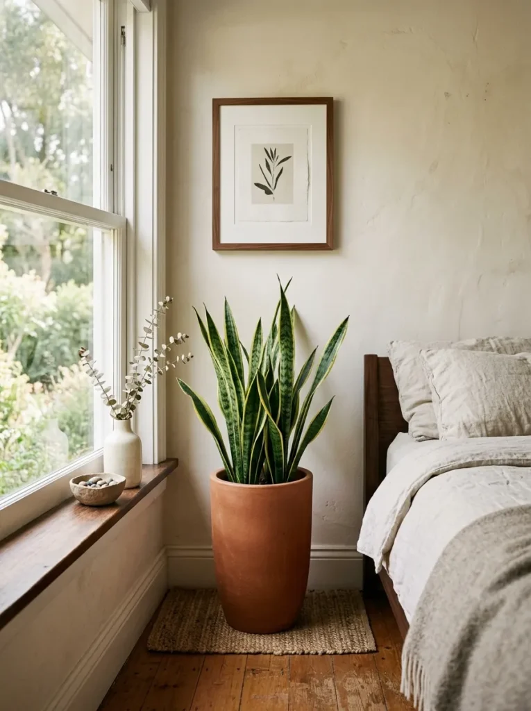 Master bedroom corner with a snake plant in a matte terracotta ceramic pot, a raw clay bowl, and a dried eucalyptus stem in morning window light
