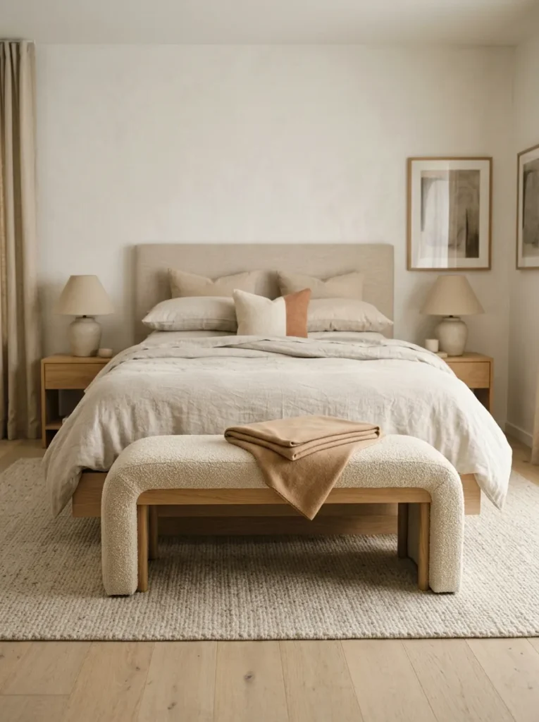 Upholstered boucle bench at the foot of a low platform bed with layered linen bedding, a folded cashmere throw resting on the bench surface
