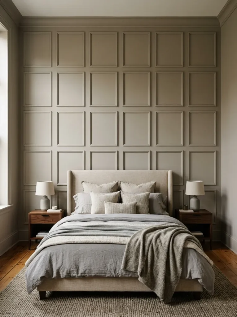 Master bedroom headboard wall with applied rectangular wall paneling painted the same greige as the surrounding walls, the three-dimensional relief visible under raking afternoon light
