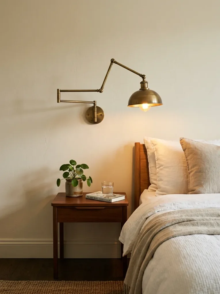 Aged brass swing-arm wall sconce mounted above an uncluttered nightstand, directing warm light downward over the reading zone of a master bed
