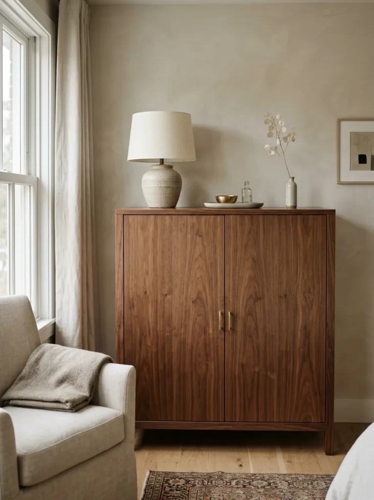 Walnut bedroom armoire with closed doors and a calm, deliberately composed surface above showing a ceramic lamp, small tray, and dried stem

