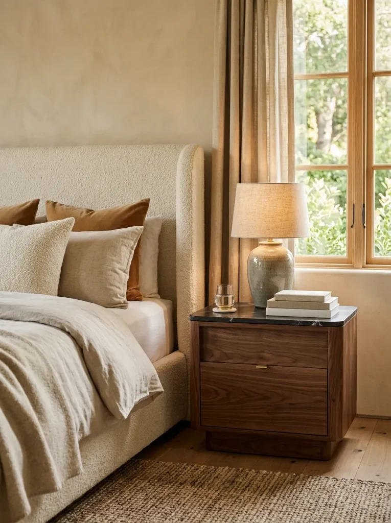 Substantial walnut nightstand with marble top positioned beside a matching-weight upholstered boucle platform bed, with a ceramic lamp and books on the surface
