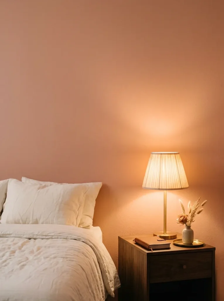 Master bedroom wall in warm dusty blush showing peachy undertone under evening lamp light, with ivory linen bedding partially visible
