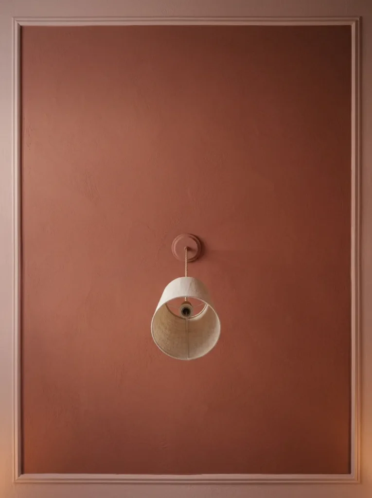 Master bedroom ceiling painted in warm dusty rose — one shade deeper than the walls — viewed from pillow height showing the enveloping enclosure the color creates
